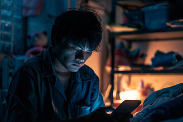 In the dim light of night, an Asian young man is depicted overworking, engrossed in his mobile phone as he checks the latest news
