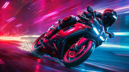 Motorcyclist racing at high speed with vibrant light trails. Rider on a sportbike in motion. Speed, adrenaline, racing, dynamic action, neon concept