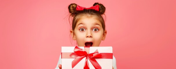Excited girl holding a gift with a red ribbon on a pink background. Happy child receiving a present. Concept of surprise, joy, celebration, childhood delight