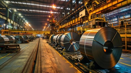 Obraz premium Evening shift in a steel sheet warehouse, with workers operating machinery to move heavy steel rolls