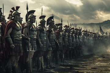 In the midst of a military campaign, ancient Roman warriors gather on the field, their ranks disciplined and ready for battle