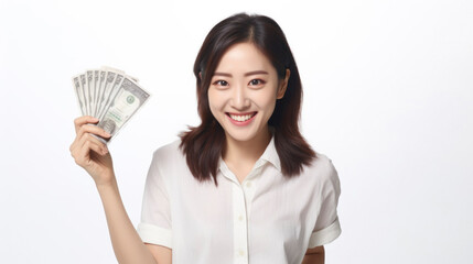 Fototapeta premium Smiling woman holding a fan of dollar bills, demonstrating financial success and monetary achievement with a cheerful expression.