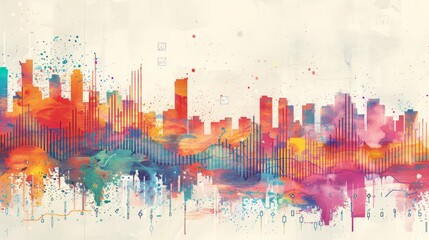 Fototapeta premium Vibrant watercolor cityscape with abstract waves of colorful paint blending into a skyline, capturing urban energy and creativity.