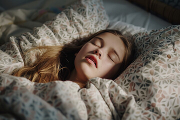 In the morning light, a young girl sleeps soundly in bed, her mouth open as she snores loudly