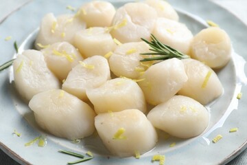 Raw scallops with lemon zest and rosemary on plate, closeup