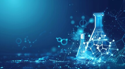 Scientific laboratory with blue chemistry glassware and molecular structure background. Concept of science, research, chemical experiments, technology advancements. Copy space