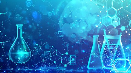 Scientific laboratory with blue chemistry glassware and molecular structure background. Concept of science, research, chemical experiments, technology advancements. Copy space