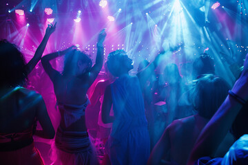 Under the vibrant glow of ultraviolet light, people are having fun in a club, dancing energetically on the stage