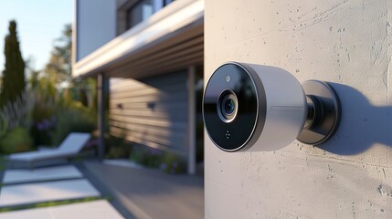 Modern outdoor security camera mounted on a wall outside a home. Home surveillance system. Concept of security, technology, smart home, surveillance