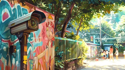 Naklejka premium Surreal urban street with a surveillance camera and vibrant graffiti art. Concept of city life, security, street culture, modern society. Digital art