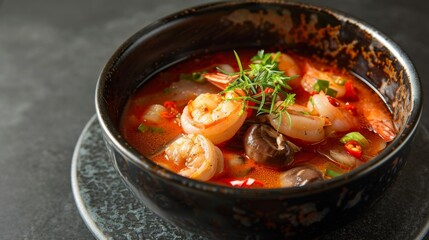 A bowl of fiery tom yum soup served in a traditional Thai ceramic bowl, with plump shrimp, straw mushrooms, and lemongrass, a spicy and aromatic delight