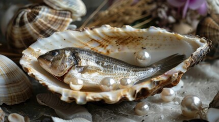 Shell and pearl backdrop with home prepared fish dish Natural shell setting