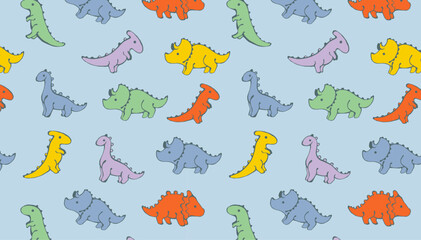 Children’s animals pattern with colourful dinosaurs on blue background. Cute dinosaur wallpaper. Seamless pattern for nursery decor, kids design and print.