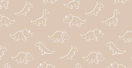 Children’s animals pattern with dinosaurs on pastel beige background. Cute dinosaur wallpaper. Seamless pattern for nursery decor, kids design and print. 
