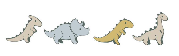 Cute dinosaurs set. Hand drawn illustrations for nursery decor, and kids design. Pastel vector design for children's prints. T-Rex, Diplodocus and Tyrannosaurus isolated on white background.