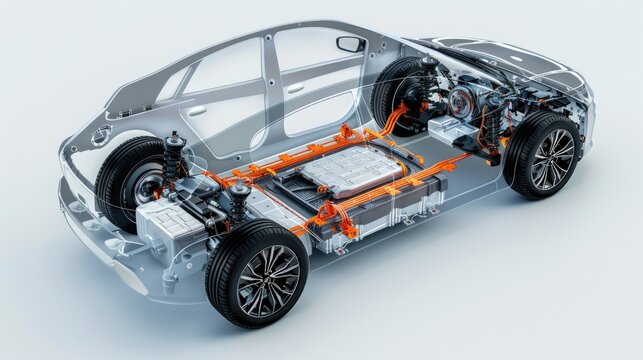 Electric car (generic model) technical cutaway 3d rendering with all main details of EV system in ghost effect.