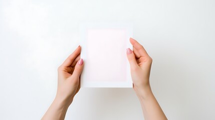 A hand holding an empty instant photo print against a white background 