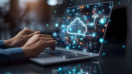Fototapeta premium Businessperson Overseeing Cloud Computing Services on Laptop with Virtual Icons