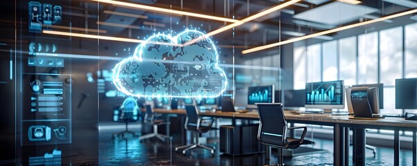 High Tech Office with Holographic Cloud Analytics and Data Visualization