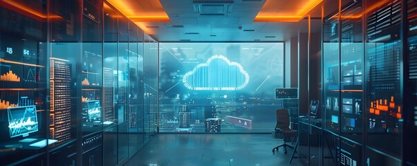 High Tech Office with Holographic Cloud Data and Analytics Displays