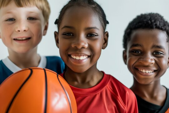 Three young basketball players are standing close together, smiling and looking happy while holding a basketball. They are wearing their team uniforms and are excited to play - Powered by Adobe