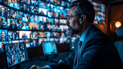 Fototapeta premium Business Leader Hosting Digital Conference with Global Participant Screens in Technology Networking Concept