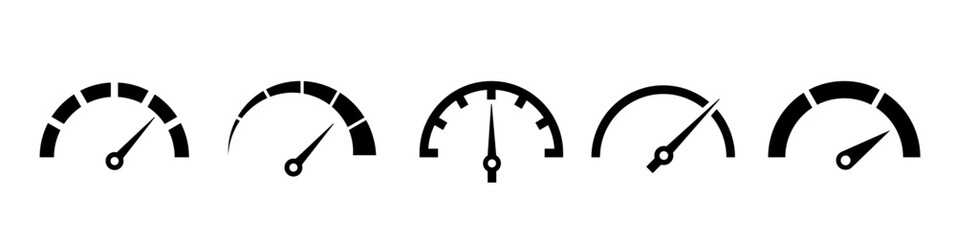 WebSpeedometer icon set. Risk meter icon set. Risk concept on speedometer. Set of gauges from low to high.  Vector illustration.