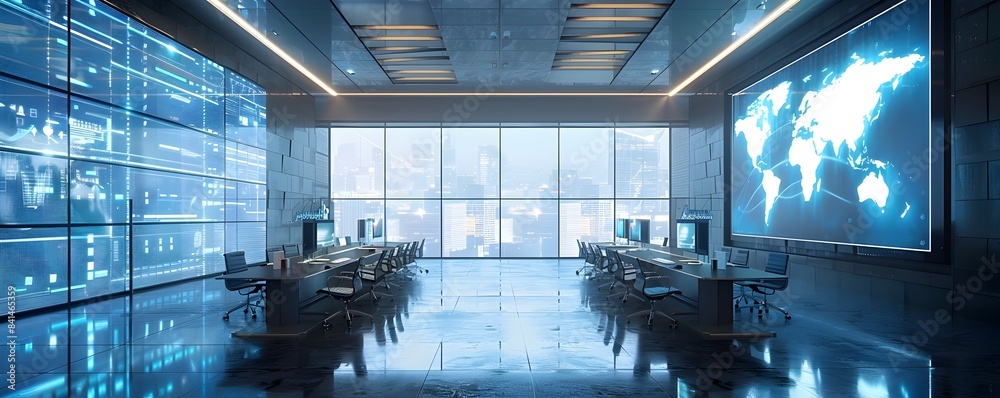 Poster High Tech Workspace with Interactive Digital Tools for Dynamic Business Networking and Communication