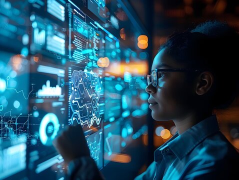 Businessperson Participating in an Interactive Online Training Session with Virtual Instructors and Digital Communication Modules