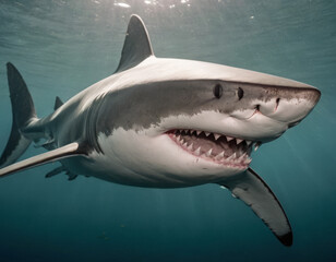 Fototapeta premium Un giovane squalo nuota vicino alla superficie, la sua figura snella e agile che si muove con curiosità. 