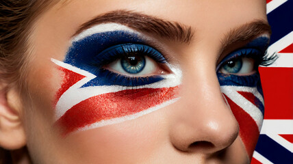 Woman eye with makeup in the colors of the British flag