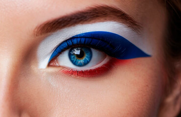 Woman eye with makeup in the colors of the French flag