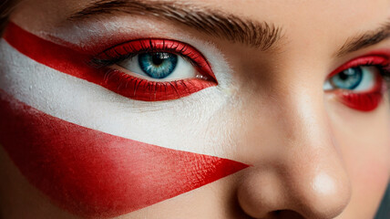 Woman eye with makeup in the colors of the Polish flag