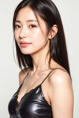 黒色のランジェリーを着て微笑む女性