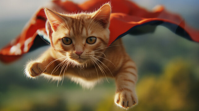 Internationaler Tag der Katze Katze im Superheldenkost&uuml;m als Superheld Superman verkleidet Welttag der Katze am 08. August Generative AI