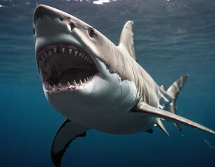 Naklejka premium Il riflesso dello squalo è visibile nell'acqua calma, creando un'immagine speculare perfetta. 