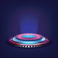 Product display and showing. Futuristic sci-fi technology cyberpunk platform pedestal cyber. Holographic neon lightings podium. Magic gate in game fantasy
