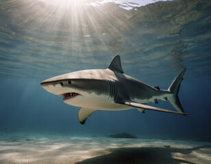 L'ombra dello squalo si allunga sul fondale marino, creando un'ombra inquietante sul terreno sabbioso.
