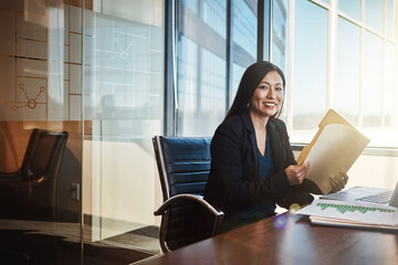 Smile, portrait and business woman with documents in office with folder of financial budget report. Planning, finance and Asian female investment banker with company stock market analysis paperwork.