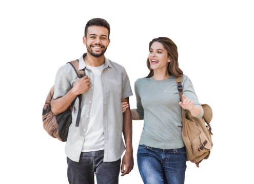Beautiful happy couple portrait isolated transparent PNG. Young joyful smiling woman and man walking isolated transparency. Love, travel, tourism, students concept