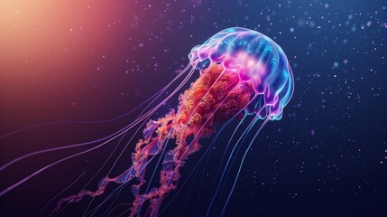 Naklejka premium Glowing Jellyfish Drifting In Deep Ocean With Colorful Tentacles And Light Reflections, Underwater Marine Wildlife Scene