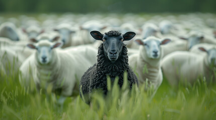 Obraz premium A black sheep stands out in a flock of white sheep in a grassy field. The black sheep is in sharp focus, symbolizing individuality and uniqueness amidst the uniformity of the white sheep. 