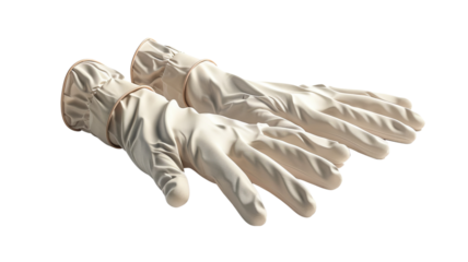 A clean pair of white protective surgical gloves isolated on white background, essential for hygiene and safety in medical settings.