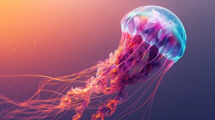 Glowing Jellyfish Swimming Gracefully In Colorful Ocean Water With Long Flowing Tentacles, Stunning Underwater Marine Scene