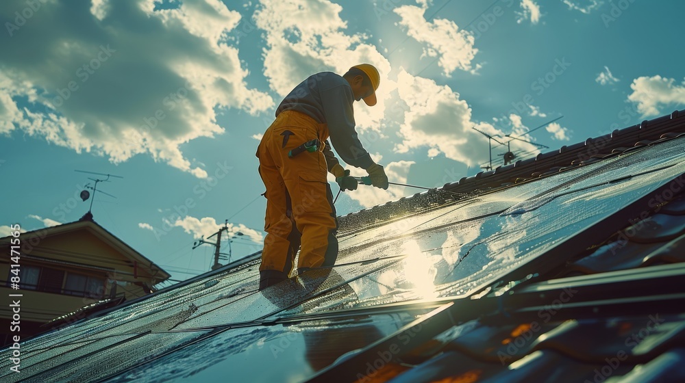 Poster Man in uniform cleaning the gutter and the solar panel. Generative AI.