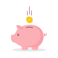 Piggy bank with Ruble currency coin vector illustration in pink color. Saving, investing and accumulation money. Pig in a flat style. Cute pig shaped money box with falling Russian gold coin.