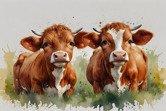 Cute cartoon calves in watercolor style