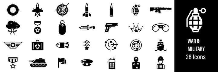 Military Web Icons. War, Gun, Weapon, Soldier, Tank. Vector in Line Style Icons