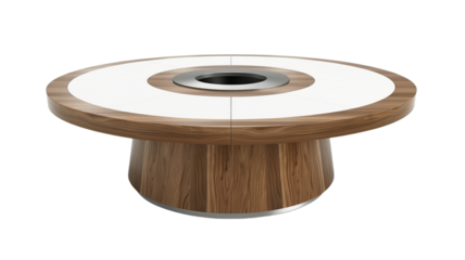 Modern round wooden table with a white top and cylindrical base, ideal for dining or conference settings. Minimalist design and elegant craftsmanship.