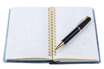 Open grid notebook with a black pen placed on top, ideal for note-taking, journaling, and business planning.